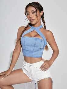 Top en mezclilla con abertura de espalda abierta halter - Lavado ligero - Ver 5