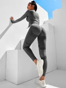 Easithlete 2pcs Marled Knit Seamless Mono Fitness Set Yoga Suit Cropped Tee & Scrunch Butt Leggings - Dark Grey - View 1