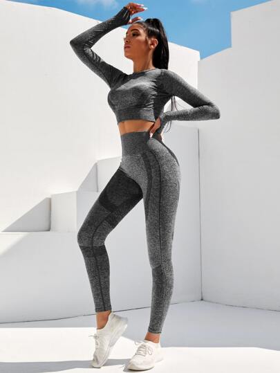 2pcs Marled Knit Seamless Mono Fitness Set Yoga Suit Cropped Tee & Scrunch Butt Leggings