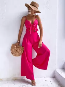 Breezaya Bộ đồ hai mảnh nữ Viên lá sen Dây kéo Thắt nơ trước màu trơn Boho - Màu Hồng Tươi - Xem 1