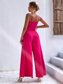 Breezaya Bộ đồ hai mảnh nữ Viên lá sen Dây kéo Thắt nơ trước màu trơn Boho - Màu Hồng Tươi - Xem 2