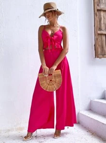 Breezaya Bộ đồ hai mảnh nữ Viên lá sen Dây kéo Thắt nơ trước màu trơn Boho - Màu Hồng Tươi - Xem 4