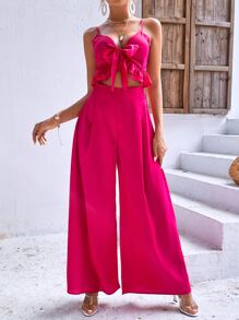 Breezaya Bộ đồ hai mảnh nữ Viên lá sen Dây kéo Thắt nơ trước màu trơn Boho - Màu Hồng Tươi - Xem 5