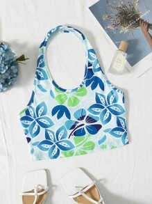 Floral Print Crop Halter Top - Multicolor - View 1
