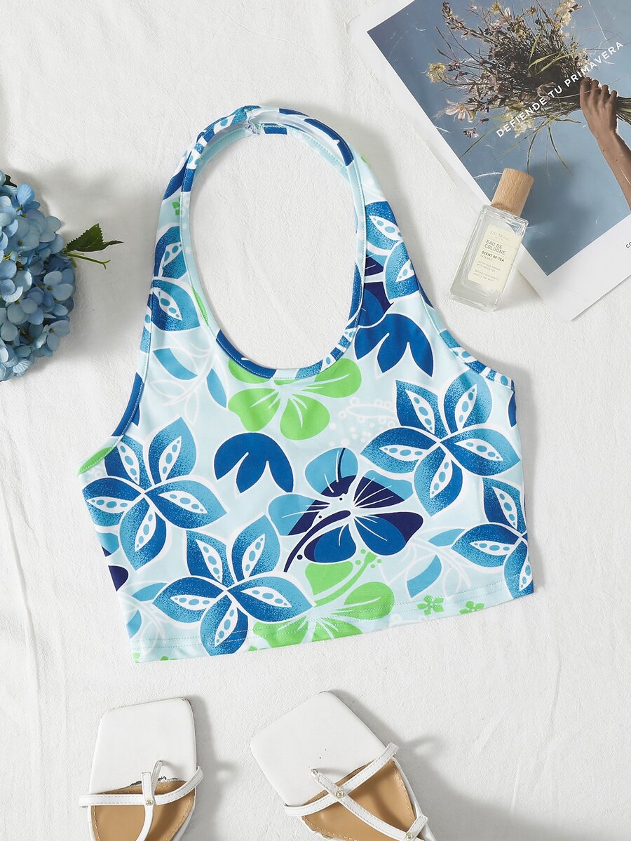 Floral Print Crop Halter Top - Multicolor - View 1