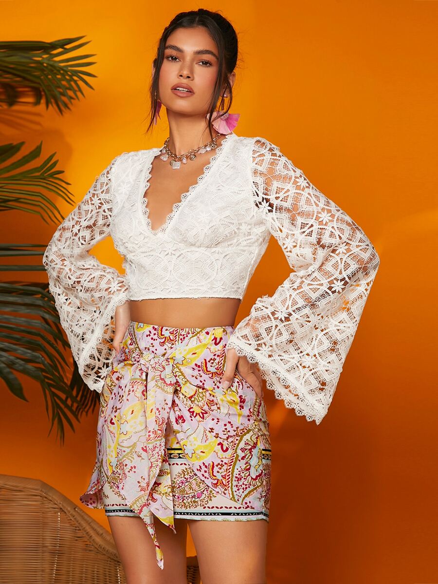 Áo sơ mi nữ Ngọc trai Dây kéo Thắt nơ trước màu trơn Boho - trắng - Xem 1