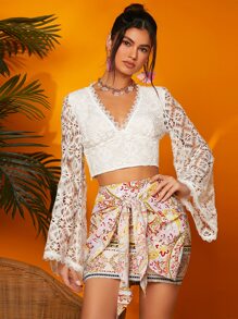 Áo sơ mi nữ Ngọc trai Dây kéo Thắt nơ trước màu trơn Boho - trắng - Xem 3