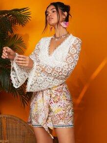 Áo sơ mi nữ Ngọc trai Dây kéo Thắt nơ trước màu trơn Boho - trắng - Xem 4