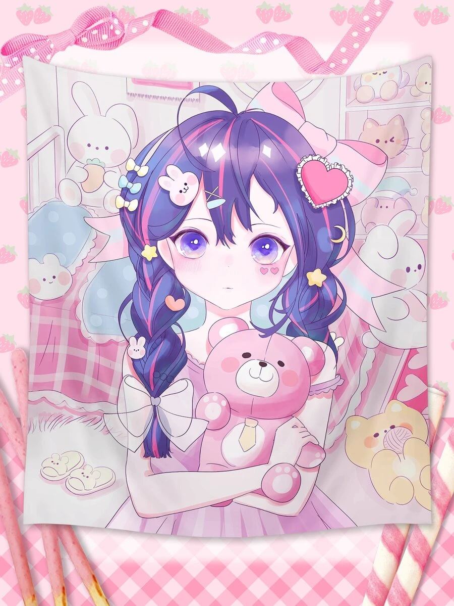 ROMWE Kawaii Cartoon Girl Print Tapestry - Multicolor - View 1