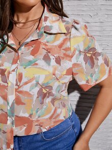 SHEIN LUNE Camisa con estampado de hoja de manga farol - Multicolor - Ver 3