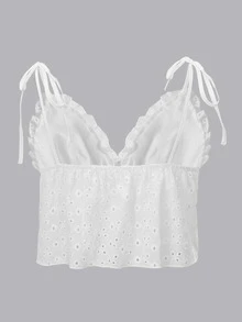 Eyelet Embroidery Tie Shoulder Cami Top - White - View 2