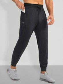 Hombres Pantalones deportivos de cintura con cordón con diseño con bolsillo - Negro - Ver 1