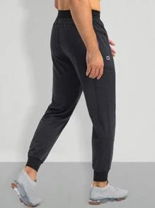 Hombres Pantalones deportivos de cintura con cordón con diseño con bolsillo - Negro - Ver 2