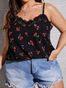 SHEIN Frenchy Áo hai dây Plus Size Tương phản ren Rau quả Giải trí - màu đen - Xem 4