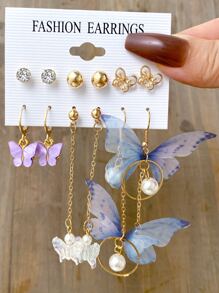 6pairs Butterfly & Faux Pearl Decor Earrings - Multicolor - View 1