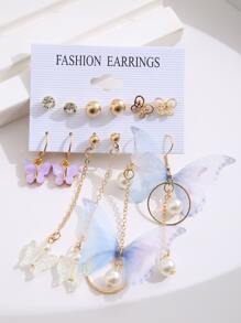 6pairs Butterfly & Faux Pearl Decor Earrings - Multicolor - View 2