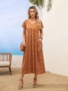 EMERY ROSE 碎花V領隱藏口袋連衣裙 - 彩色 - 查看 1