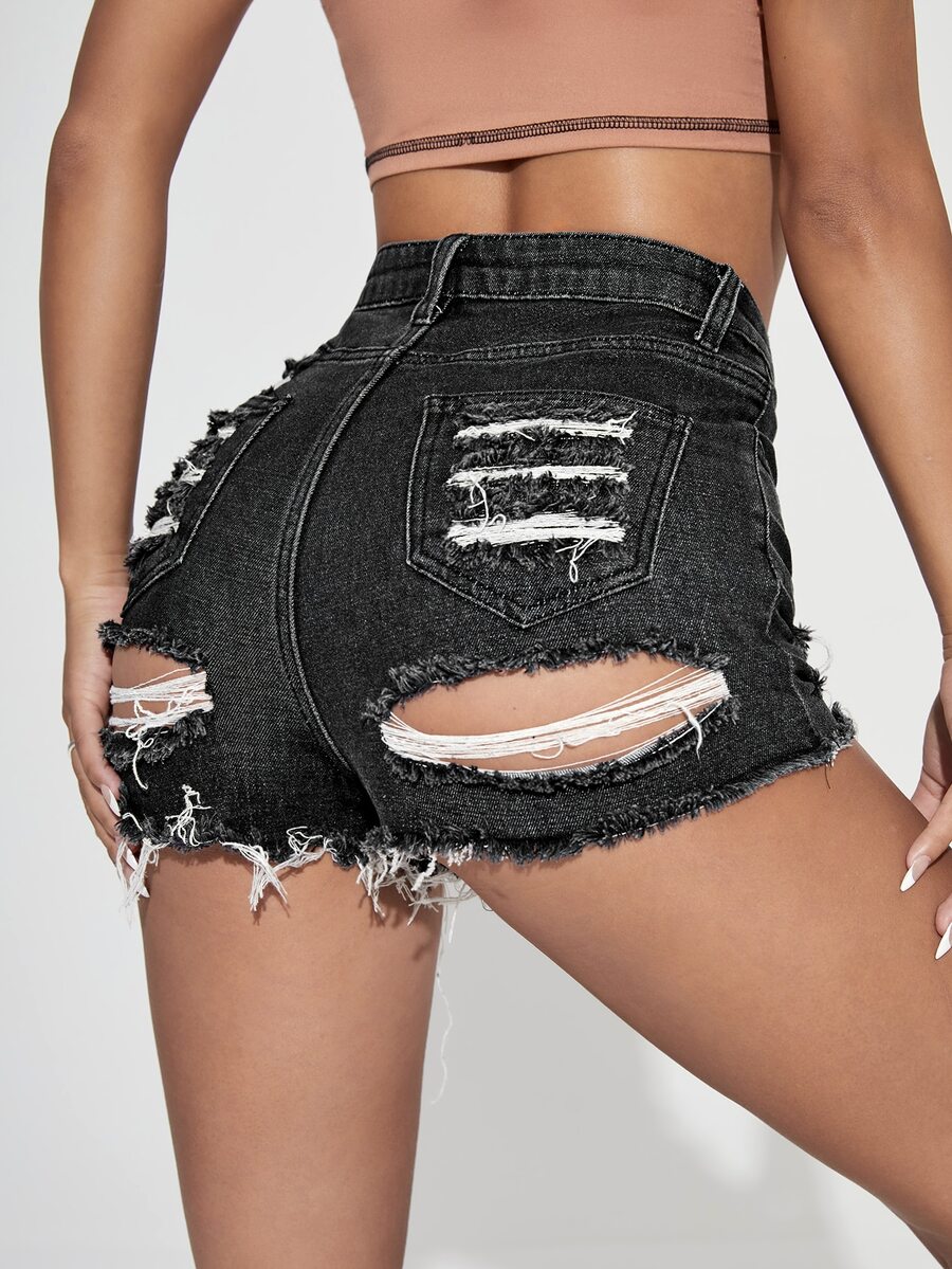 High Waisted Ripped Denim Shorts - Dark Grey - View 1