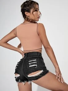 High Waisted Ripped Denim Shorts - Dark Grey - View 2