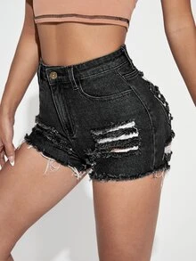 High Waisted Ripped Denim Shorts - Dark Grey - View 5