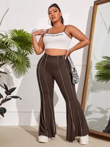 SHEIN Essnce Plus High Waist Flare Leg Trousers Without Bag - Chocolate Brown - View 3