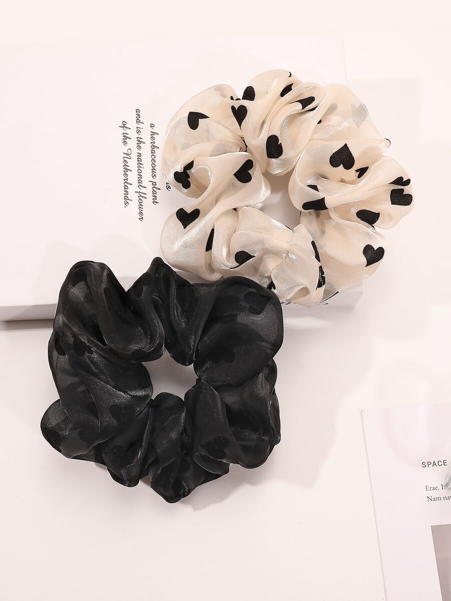 2pcs Heart Print Scrunchie Cute Valentine's Day Scrunchies Hair Ties Scrunchy Hair Ties Ponytail Head Accessories Elastic Band - Multicolor - View 1