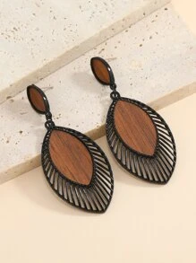 1 Cặp bông tai kim loại hình giọt nước thời trang bằng gỗ, thích hợp cho phụ nữ đeo hàng ngày - màu nâu - Xem 1