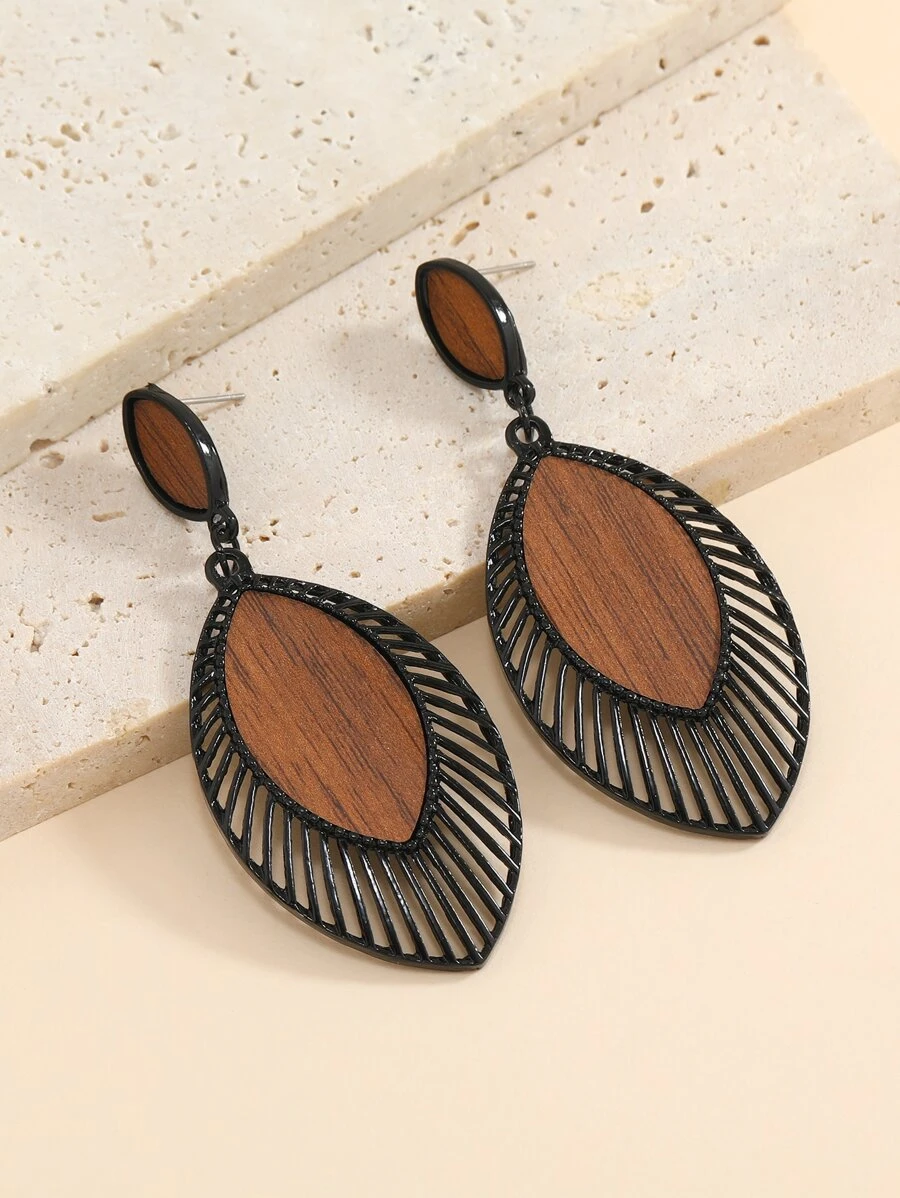1 Cặp bông tai kim loại hình giọt nước thời trang bằng gỗ, thích hợp cho phụ nữ đeo hàng ngày - màu nâu - Xem 1