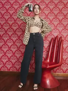 SHEIN con estampado Blusa & fruncido Top de tirantes - Caqui - Ver 3