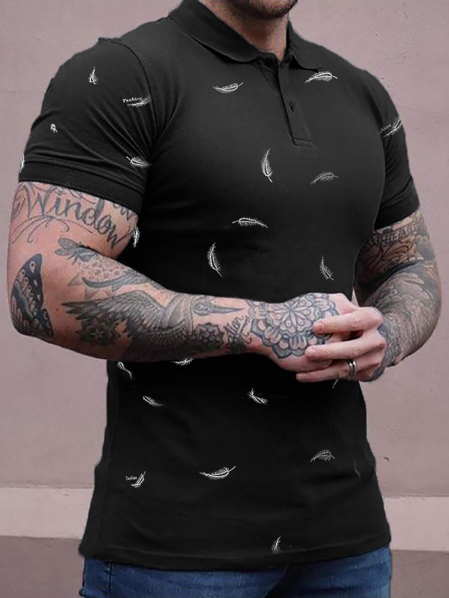 Manfinity Men Random Feather Print Polo Shirt - Black - View 1