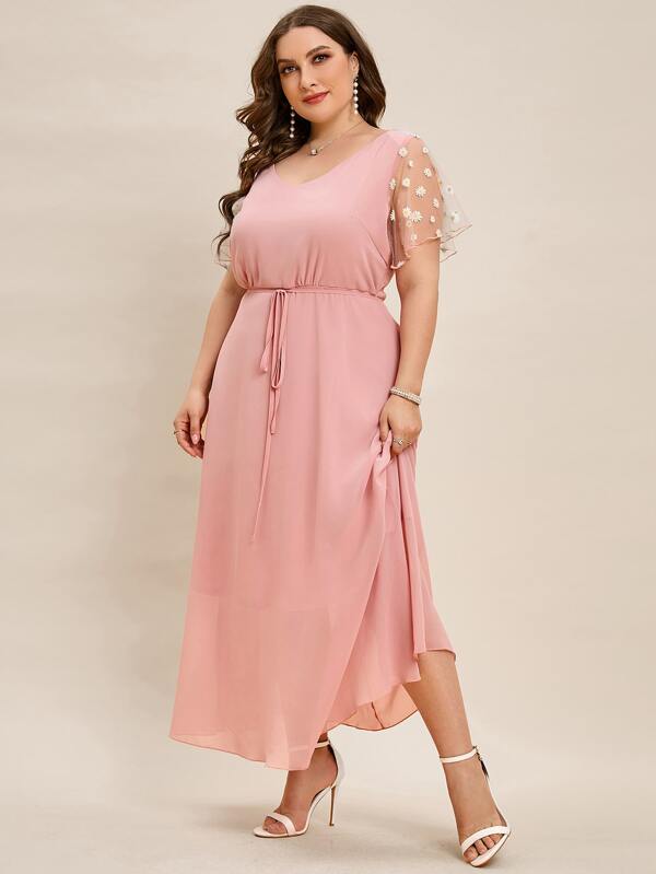 SHEIN LUNE taglie forti Abito con cintura contrasto floreale manica in rete con schiena scoperta