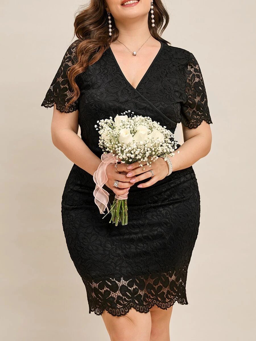 SHEIN Unity Plus Surplice Neck Scallop Trim Lace Dress - Black - View 1