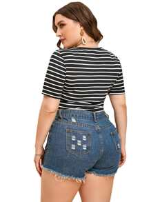SHEIN LUNE Plus Striped Bodysuit - Black and White - View 2