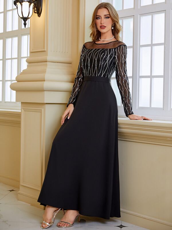 Modelyn Contrast Mesh Sequin Decor Dress Long Evening Dresses