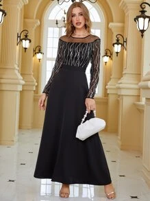 Modelyn Contrast Mesh Sequin Decor Dress Long Evening Dresses - Black - View 3