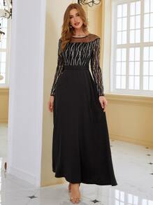 Modelyn Contrast Mesh Sequin Decor Dress Long Evening Dresses - Black - View 5