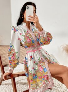 SHEIN VCAY Floral Print Notched Neck Dress - Multicolor - View 3