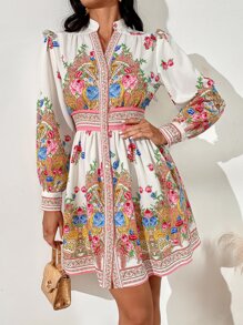 SHEIN VCAY Floral Print Notched Neck Dress - Multicolor - View 6