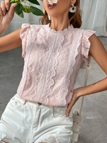 SHEIN Clasi Blusa de manga mariposa de espalda con abertura de ojo con encaje - Rosa Pálido - Ver 1