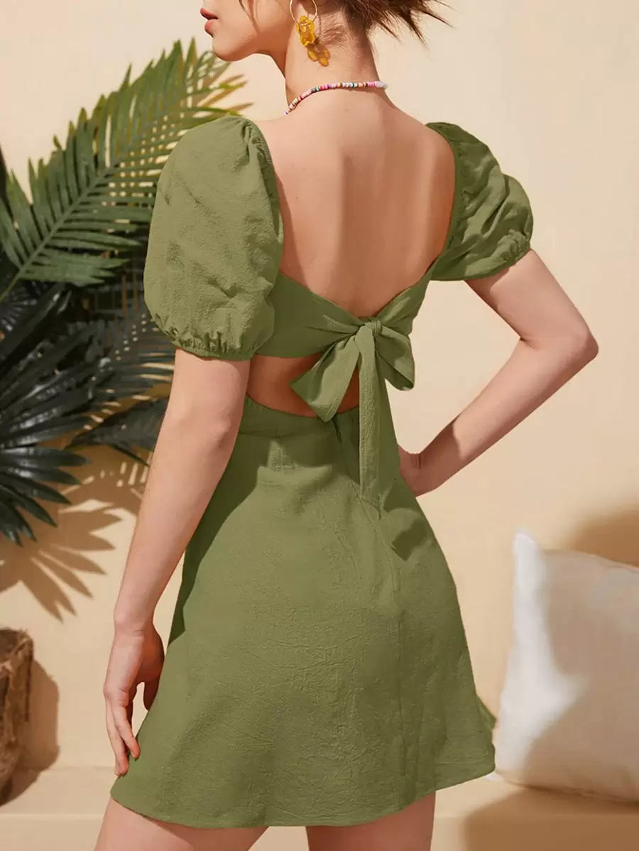 Soleia Đầm Lộ Lưng Buộc lại Dây kéo màu trơn Boho - xanh quân đội - Xem 1