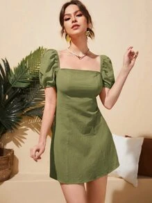 Soleia Đầm Lộ Lưng Buộc lại Dây kéo màu trơn Boho - xanh quân đội - Xem 3