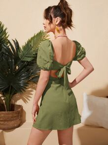 Soleia Đầm Lộ Lưng Buộc lại Dây kéo màu trơn Boho - xanh quân đội - Xem 4