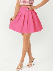 SHEIN Zipper Side Solid Skater Skirt - Pink - View 1