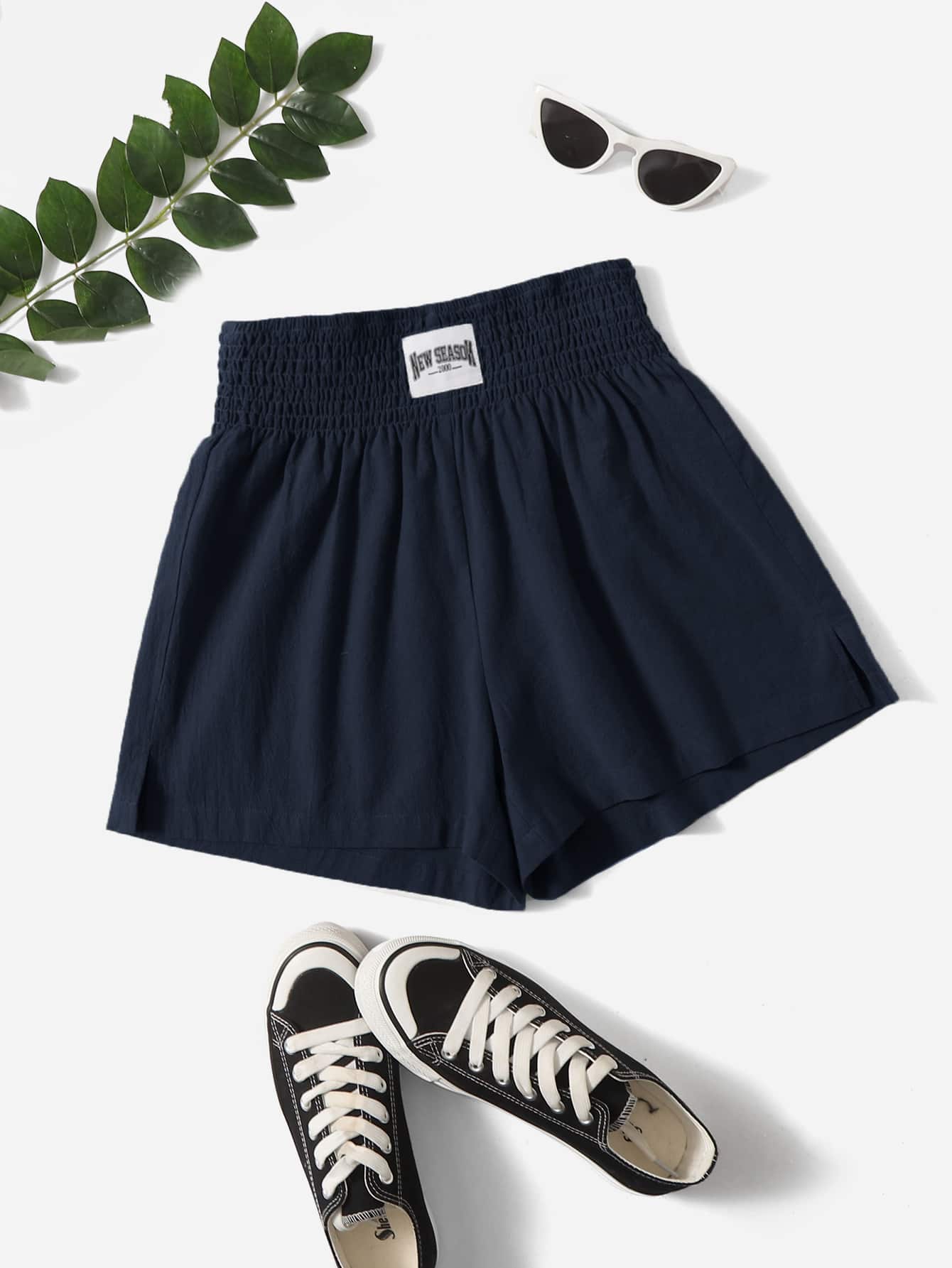 SHEIN EZwear Quần đùi nữ Đắp vá Dải chun màu trơn Giải trí - Màu xanh hải quân - Xem 1