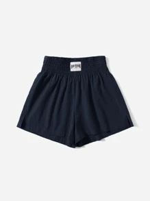 SHEIN EZwear Quần đùi nữ Đắp vá Dải chun màu trơn Giải trí - Màu xanh hải quân - Xem 3