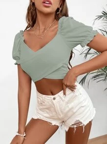 SHEIN LUNE 交叉圍裹前螺紋針織短款上衣 - 薄荷綠 - 查看 6