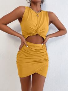 SHEIN SXY Peekaboo Front Twist Cross Wrap Ruched Dress - Mustard Yellow - View 3