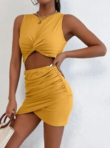 SHEIN SXY Peekaboo Front Twist Cross Wrap Ruched Dress - Mustard Yellow - View 6