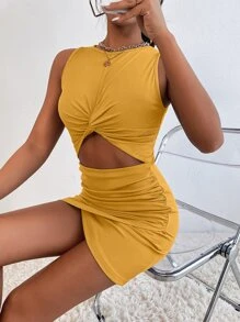 SHEIN SXY Peekaboo Front Twist Cross Wrap Ruched Dress - Mustard Yellow - View 7
