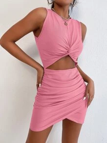 SHEIN Unity Peekaboo Front Twist Cross Wrap Ruched Dress - Pink - View 7